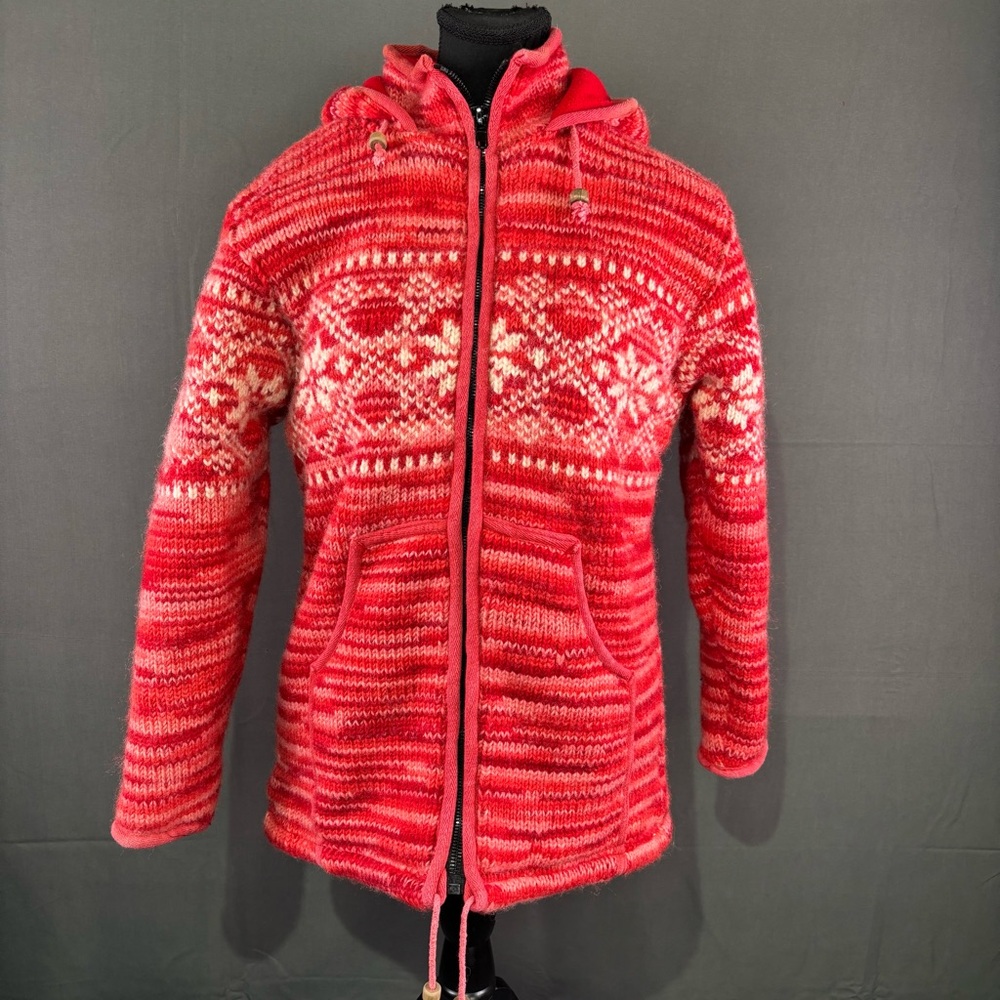 Lorenzi Jacket Women’s L Knit 100% Wool Nordic Fleece Lined Nepal Handcrafted